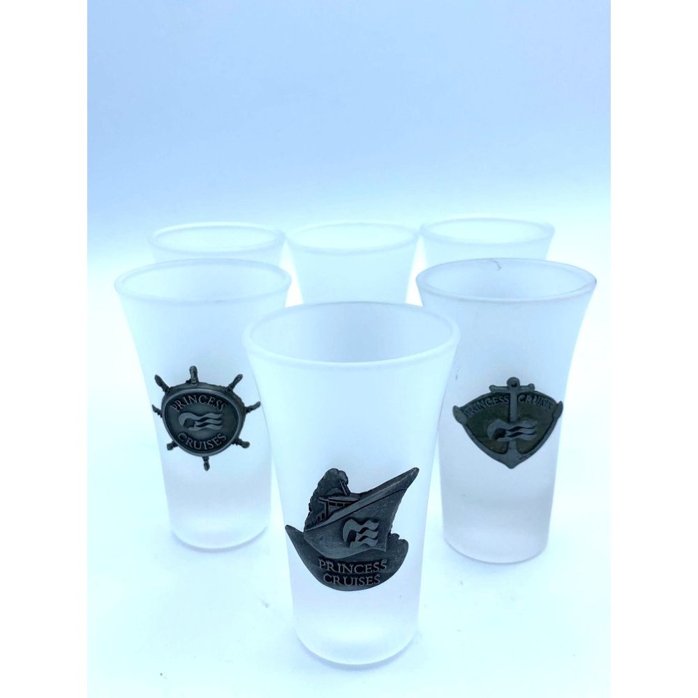Princess Cruises Frosted Shot Glasses With Pewter Ship Seals Set of 6